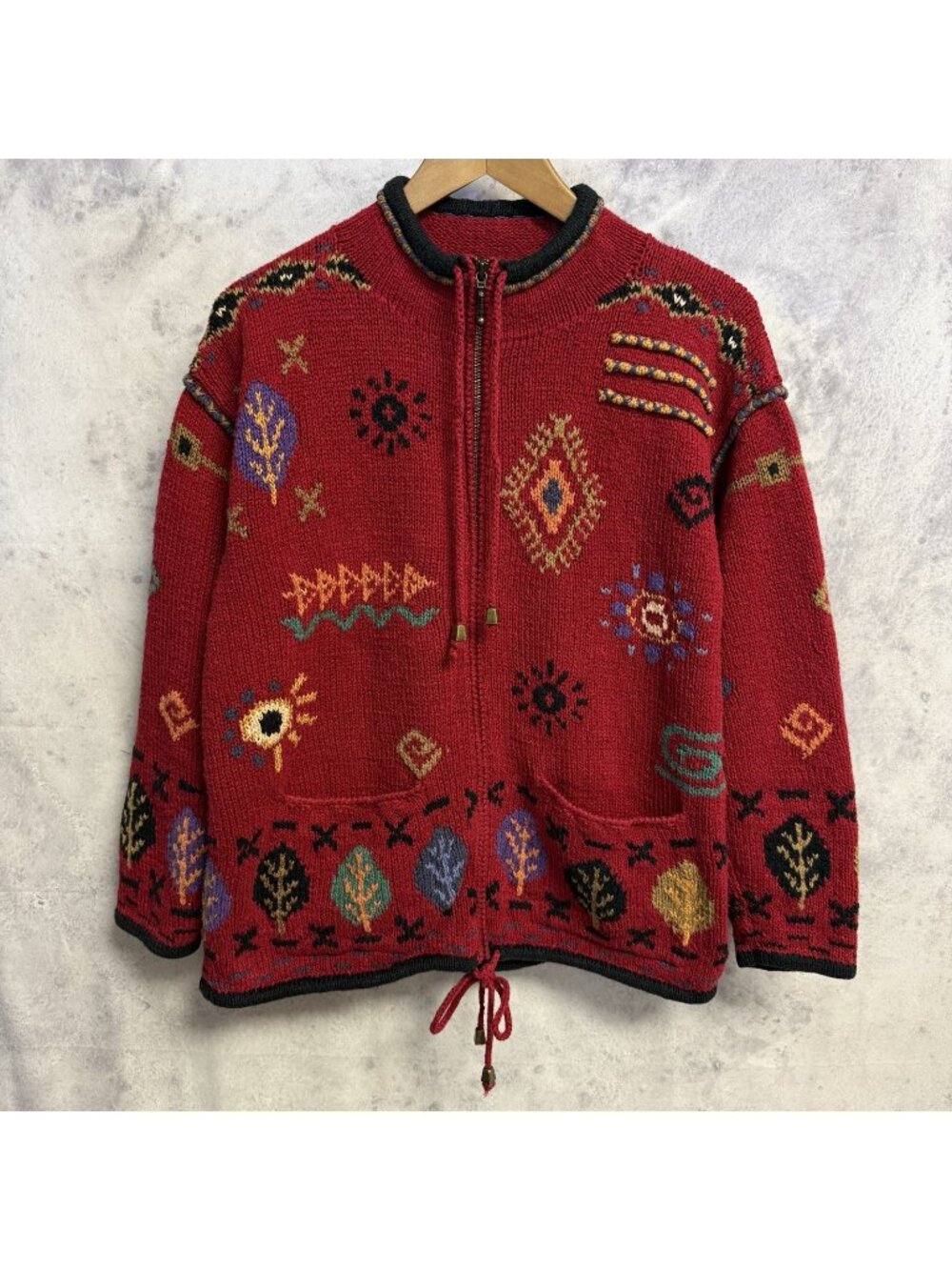 Vintage Icelandic Design Knit Sweater Womens Large Red Full Zip Hemp Cotton
